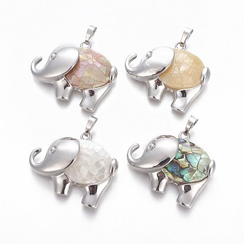 Mixed Shell Pendants, with Brass Findings, Elephant, Platinum, 30.5x37.5~38x10~11mm, Hole: 8x5mm