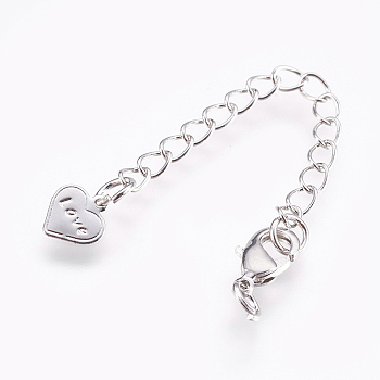 Brass Chain Extender, with Lobster Claw Clasps, Cadmium Free & Nickel Free & Lead Free, Long-Lasting Plated, Heart with Word Love, For Valentine's Day, Platinum, 75x3mm, Hole: 2.5mm, Clasps: 10x6x3mm