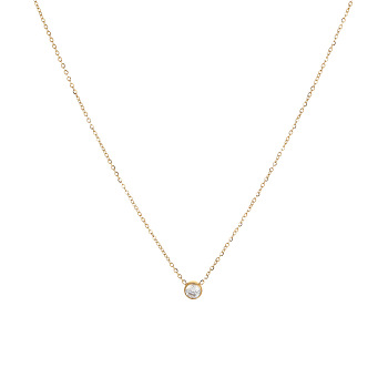 Simple Stainless Steel Pave Clear Cubic Zirconia Flat Round Pendant Necklaces for Women Daily Wear, Real 18K Gold Plated, 17.72 inch(45cm)