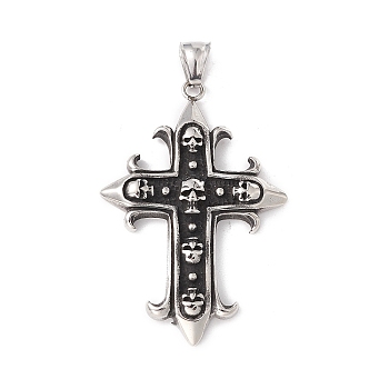 304 Stainless Steel Big Pendant, Cross with Skull, Antique Silver, 56x38x5mm, Hole: 8x4mm