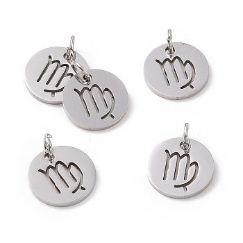 304 Stainless Steel Charms, Flat Round with Constellation/Zodiac Sign, Virgo, 12x1mm, Hole: 3mm
