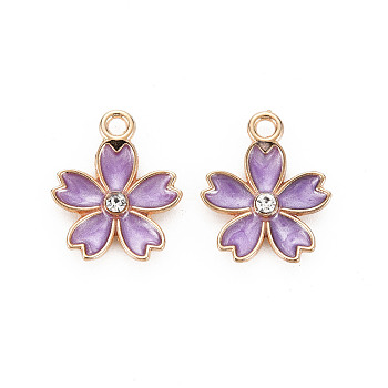 Alloy Enamel Pendants, with Crystal Rhinestone, Sakura Flower, Light Gold, Dark Orchid, 17x14x3mm, Hole: 1.8mm