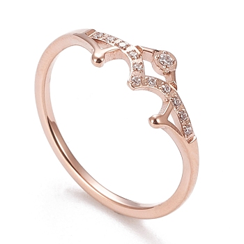 304 Stainless Steel Finger Rings, with Clear Cubic Zirconia, Crown, Rose Gold, US Size 6~9(16.5~18.9mm)