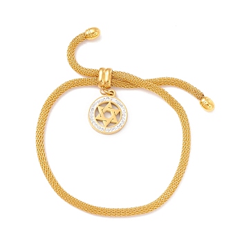 Crystal Rhinestone Ring with Star of David Charm Slider Bracelet with Round Mesh Chain for Women, Golden, Inner Diameter: 3/8~3-1/8 inch(0.9~7.9cm)