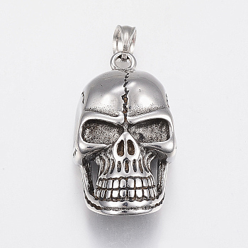 304 Stainless Steel Pendants, Skull Head, Antique Silver, 35.5x20x13.5mm, Hole: 6mm