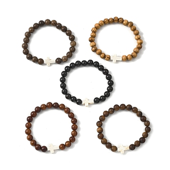 Round Wooden Beads Stretch Bracelets, Synthetic Turquoise Cross Jewelry for Unisex, Mixed Color, Beads: 8~8.5mm, Inner Diameter: 2-1/8 inch(5.4cm)