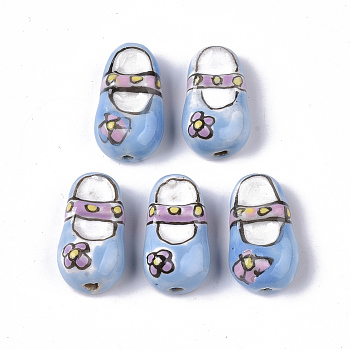 Handmade Porcelain Beads, Famille Rose Style, Baby Shoes, Light Sky Blue, 20~21x12x8mm, Hole: 1.6mm