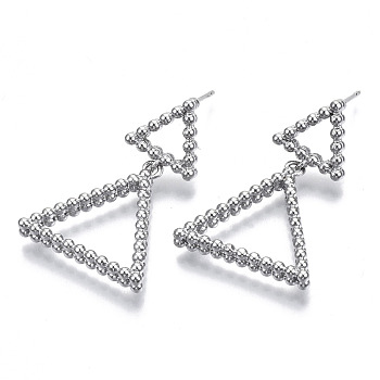 Brass Dangle Stud Earring, with Stainless Steel Pins, Nickel Free, Triangle, Real Platinum Plated, 34x22.5mm, Pin: 0.7mm
