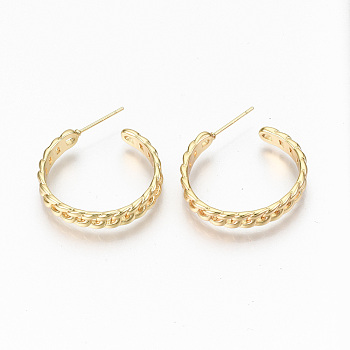 Brass Half Hoop Earrings, Stud Earring, Nickel Free, Curb Chain Shape, Real 18K Gold Plated, 27x26x5mm, Pin: 0.7mm