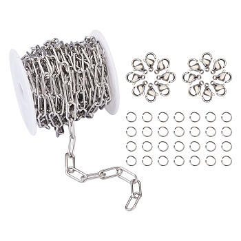 DIY Chain Bracelets & Necklaces Kits, Including Stainless Steel Paperclip Chains & Lobster Claw Clasps & Open Jump Rings, Stainless Steel Color, 17x7x1.6mm, about 5m/roll, 1roll