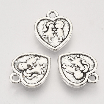 Tibetan Style Alloy Pendants,  Cadmium Free & Lead Free, Heart with Boy & Girl, for Valentine's Day, Antique Silver, 15.5x13x2mm, Hole: 1.6mm, about 385pcs/500g