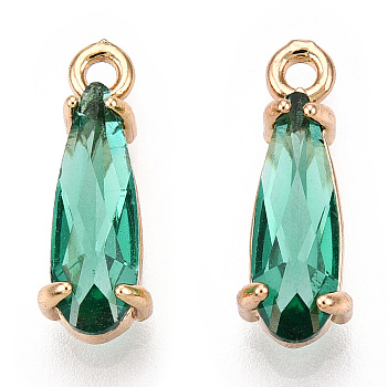 Faceted Glass Pendants, with Golden Tone Brass Open Back Settings, Teardrop, Medium Aquamarine, 14.5x4.5x4mm, Hole: 1.2mm