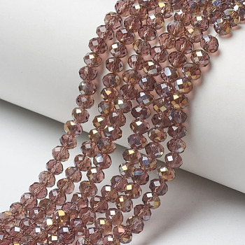 Electroplate Transparent Glass Beads Strands, Half Rainbow Plated, Faceted, Rondelle, Sienna, 4x3mm, Hole: 0.4mm, about 123~127pcs/strand, 16.5~16.9 inch(42~43cm)