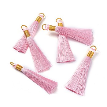 Nylon Tassel Big Pendants, with Iron Findings, Golden, Pearl Pink, 80x8.5mm, Hole: 5x6.5mm