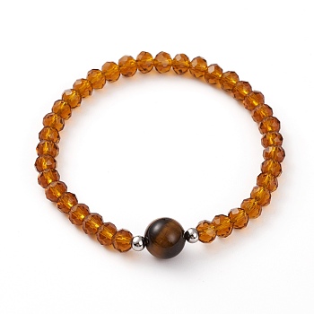 Faceted Glass Beads Stretch Bracelets, with Natural Tiger Eye Beads and 304 Stainless Steel Beads, Round, Inner Diameter: 2-1/8 inch(5.5cm)