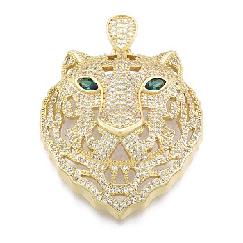 Brass Micro Pave Clear Cubic Zirconia Pendants, Tiger, Real 18K Gold Plated, 45.5x39x12.5mm, Hole: 3x6mm