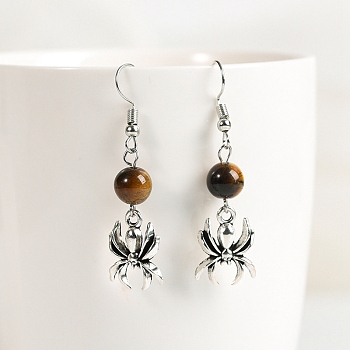 Natural Tiger Eye Dangle Earrings, Alloy Halloween Spider Jewelry for Women, 46x8mm