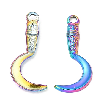 304 Stainless Steel Pendants, Sickle Charm, Rainbow Color, 28.5x12x2mm, Hole: 2mm
