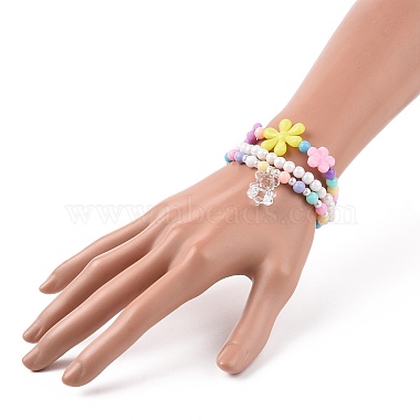 3Pcs 3 Style Acrylic Flower Beaded Stretch Bracelets Set with Bear Charms for Kids(BJEW-JB09106)-6