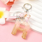 Resin & Acrylic & Faux Suede Tassel Keychain, with Alloy Clasp and Iron Rings, Letter R, 9.5cm(KEYC-YW00123-18)