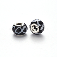 Handmade Lampwork European Beads, Large Hole Rondelle Beads, with Platinum Tone Brass Double Cores, Black, 14~16x9~10mm, Hole: 5mm(LPDL-N001-067-B11)