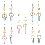 Dyed Natural Quartz Crystal Bullet Dangle Earrings, Moon & Star Brass Long Drop Earrings with 304 Stainless Steel Pins, Mixed Color, 62~79x18mm(EJEW-JE05310)