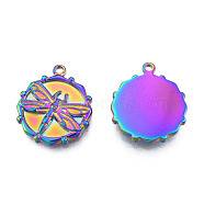 Ion Plating(IP) 304 Stainless Steel Pendants, Flat Round with Dragonfly, Rainbow Color, 21x18x2.5mm, Hole: 1.6mm(STAS-N098-207M)