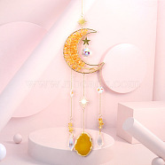 Wire Wrapped Natural Yellow Quartz Moon with Tree of Life Pendant Decorations, Glass Cone and Natural Agate Slice Suncatchers Tassel Window Hanging Ornaments, 530~585mm(HJEW-K046-07G-02)