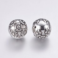 CCB Plastic Beads, Round with Flower, Antique Silver, 23.5~24.5x23mm, Hole: 2mm(CCB-G006-126AS)