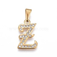 304 Stainless Steel Pendants, with Rhinestone, Letter, Letter.Z, 21x13.5x2mm, Hole: 3~3.5x7.5~8mm(STAS-F202-16G-Z)