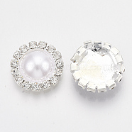 ABS Plastic Imitation Pearl Cabochons, with Glass Rhinestone and Silver Color Plated Brass Findings, Half Round/Dome, Crystal, 15.5x5mm(RB-S066-03S-11)