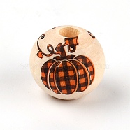 Schima Wood Beads, Round with Pumpkin Plaid Patten, Dark Orange, 15~16mm, Hole: 4mm(WOOD-TAC0007-44D)