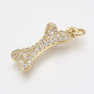 Brass Micro Pave Cubic Zirconia Pendants, with Jump Rings, Bone, Clear, Golden, 19.5x8x3mm, Hole: 2.5mm(ZIRC-Q018-017G)