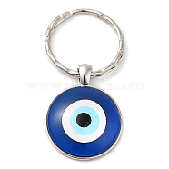 Half Round/Dome Alloy & Glass Pendant Keychain, with Split Key Rings, Evil Eye Pattern, Medium Blue, 5.8cm(KEYC-D020-02P-03)