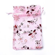 Organza Drawstring Jewelry Pouches, Wedding Party Gift Bags, Rectangle with Red Stamping Flower Pattern, Pearl Pink, 15x10x0.11cm(OP-I001-A11)