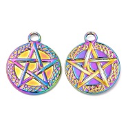 304 Stainless Steel Pendants, Flat Round with Star Charm, Rainbow Color, 20x17x2mm, Hole: 3mm(STAS-Z041-19RC)