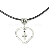 304 Stainless Steel Tiny Cross & 201 Stainless Steel Heart Pendant Necklaces, with Imitation Leather Cords, Stainless Steel Color, 17.60 inch(44.7cm)(NJEW-JN04556)