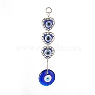 Handmade Lampwork & Resin Evil Eye Pendant Decorations, with CCB Plastic Finding, Iron Ring and Chain, Heart & Flat Round, Antique Silver & Platinum, 225mm, Hole: 14x10mm(HJEW-C001-03)