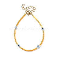 Evil Eye Lampwork & Glass Seed Beaded Bracelet with Real 18K Gold Plated 304 Stainless Steel Clasps, Orange, 6-3/4 inch(17.2cm)(BJEW-JB09998-04)