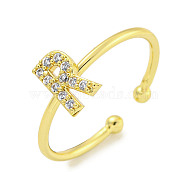 Rack Plating Brass Open Cuff Rings for Women, with Cubic Zirconia, Cadmium Free & Lead Free, Long-Lasting Plated, Letter, Letter R, Inner Diameter: 17.5mm, Letter: 8.9x5mm(RJEW-F162-02G-R)