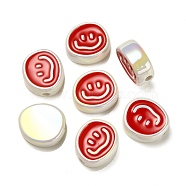 UV Plating Rainbow Iridescent Acrylic Enamel Beads, Oval with Smiling Face Pattern, Red, 19.5x21.5x9mm, Hole: 3.5mm(OACR-G012-13B)