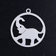 201 Stainless Steel Pendants, Circle with Elephant, Stainless Steel Color, 22.5x20x1mm, Hole: 1.5mm(STAS-S105-JN373-1)