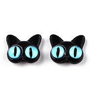 Spray Painted Alloy Beads, with Glass Eye, Cat Head, Black, 14x16.5x7mm, Hole: 1.5mm(PALLOY-K001-19E)
