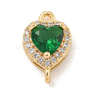 Brass Pave Cubic Zirconia Connector Charms, Heart Links, Golden, Green, 15x9x6mm, Hole: 1.2mm(KK-Z072-06G-04)