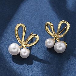 Brass Stud Earrings, with ABS Imitation Pearls, Rack Plating, Long-Lasting Plated, Lead Free & Cadmium Free, Bowknot, Real 18K Gold Plated, 13x11mm(EJEW-F359-05G)