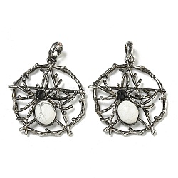 Natural Howlite Pendants, Alloy Pentagram with Spider Charms, Antique Silver, 44.5x39x7mm, Hole: 7.5x6.5mm(G-P547-05AS-07)