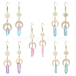 Dyed Natural Quartz Crystal Bullet Dangle Earrings, Moon & Star Brass Long Drop Earrings with 304 Stainless Steel Pins, Mixed Color, 62~79x18mm(EJEW-JE05310)