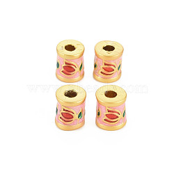 Rack Plating Alloy Enamel Beads, Long-Lasting Plated, Matte Style, Cadmium Free & Nickel Free & Lead Free, Column with Flower, Pink, 8x10mm, Hole: 3mm(ENAM-S130-08A)