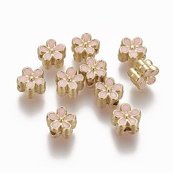 Brass Enamel Beads, Long-Lasting Plated, Flower, Real 18K Gold Plated, Pink, 7x3.3mm, Hole: 1.6mm(KK-L179-05B)