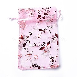 Organza Drawstring Jewelry Pouches, Wedding Party Gift Bags, Rectangle with Red Stamping Flower Pattern, Pearl Pink, 15x10x0.11cm(OP-I001-A11)